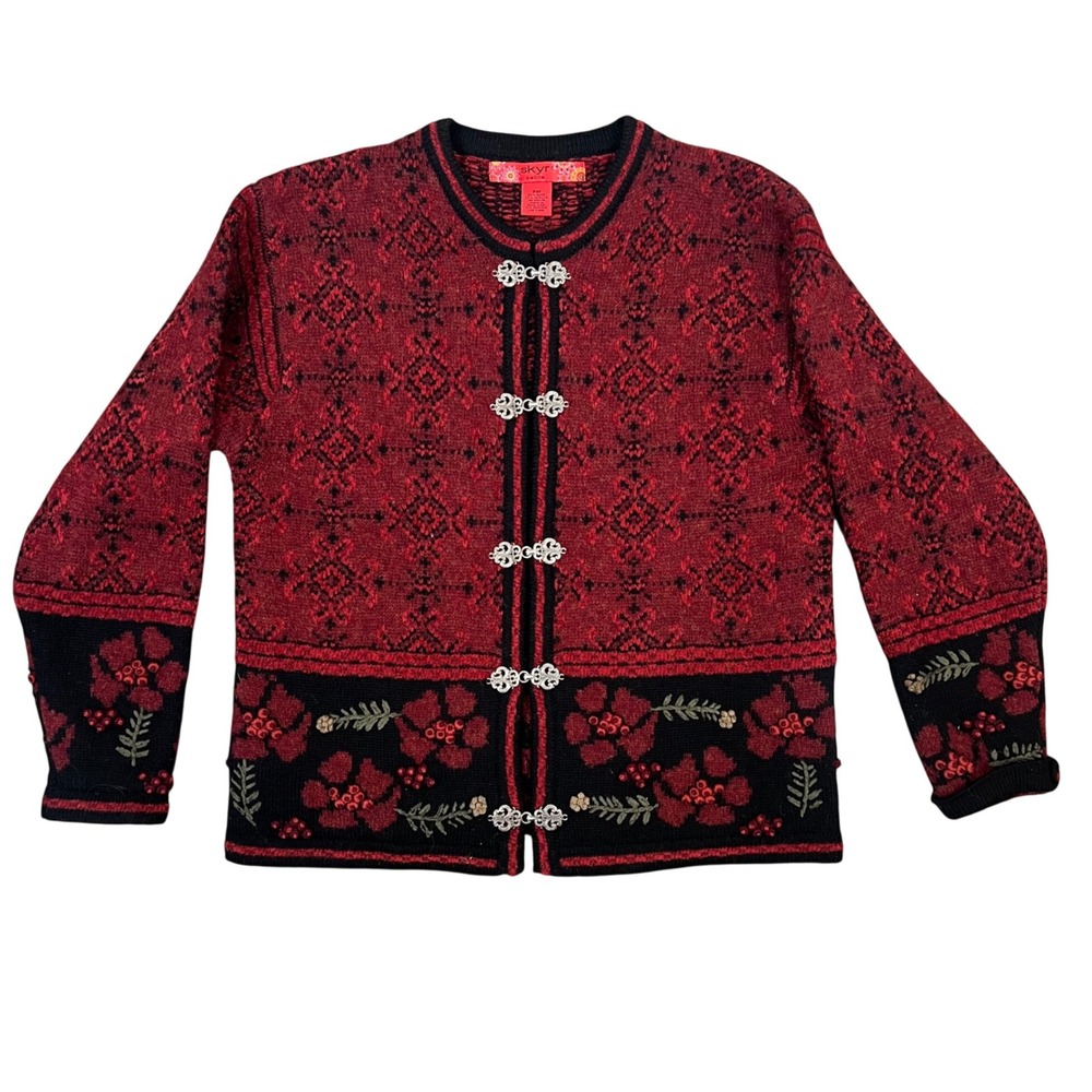 Skyr Petite Red Black Wool Blend Nordic Floral Clasp Cardigan Sweater PM